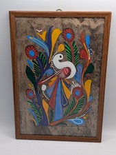 Vintage Mexican  FolkArt Gouache Painting Birds & Flowers Framed 10.5x,7.5