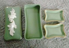 LENOX CELEDON GREEN + WHITE FLOWERS & HANDLE CIGARETTE /TRINKET BOX,  2 ASHTRAYS picture
