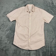 Uniqlo Shirt Mens Medium Beige Brown Geometric Back Box Curved Hem Button Up picture
