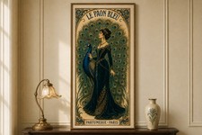 OVERSIZED 24x52 Le Paon Bleu Peacock Art Nouveau French Poster picture