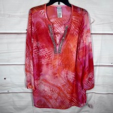 Chico's Beaded V-Neck Tunic Blouse Women 2 L Pink Abstract Sheer Long Sleeve Top picture