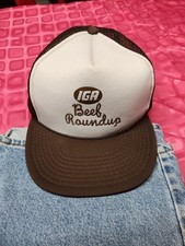 Vintage IGA Mesh Trucker Hat Brown Cap Beef Roundup RARE Advertising Grocery  picture