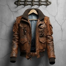 Men's Distressed Brown Bomber Leather Jacket Vintage Aviator Multi Pocket Elite picture