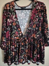 Torrid 2 Black Floral Tie-Front Peplum Top 3/4 Sleeve Plus Sz 18-20 EC picture