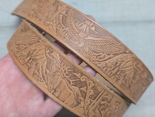 1970s vintage TOOLED buckle belt DEER eagle elk 36 leather HANDCRAFTED western picture