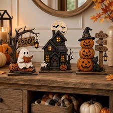 3pc Halloween Decor Set Haunted House Ghost Pumpkin Tabletop Statue Centerpiece picture