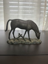 Vintage Grazing Horse Figurine Bronze Tone Sculpture on Base picture