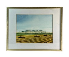 Original Watercolor Landscape Painting Signed 2008 Mountains Farmland Framed picture