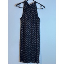 Trina Turk Halter Midi Dress Womens Size S Black Gold Chevron Lace Overlay picture