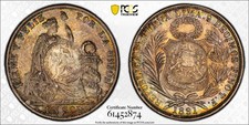 1894 Guatemala Peso C/S on 1891 Peru Sol  PCGS AU 58  PQ++ w/ Superb Eye Appeal picture