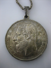 1873 Belgium 5 Five Francs World SILVER Coin King Leopold II Pendant Necklace picture