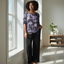 Chico’s Travelers Women's M 1 Slinky 2-Piece Set Pull Up Pants Top Purple Black picture