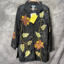 Indigo Moon Embroidered Beaded Floral Long Jacket Size M Black Art to Wear Boho picture