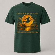 Witch Moon Halloween T Shirt Autumn Forest Broom Spooky Unisex Graphic Tee picture