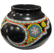 Vintage Huichol  Mexican Folk Art Black pottery Glass Seed Beads Wax Conch Shell picture