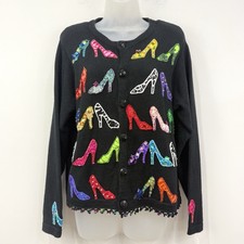 VTG 90s Jane's Closet Cardigan L High Heel AOP Novelty Art To Wear Twee Indie picture