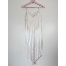 Vintage Fredrick’s of Hollywood Ivory Cream Off-White Satin Fringe Gown Sz 9 picture