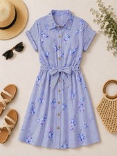 NWT LuLaRoe Medium Stacie Shirt Dress - Purple Floral Print Vertical Lines picture