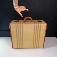 Vintage 1930s 1940s tan brown striped suitcase hard leather trim wardrobe yellow picture