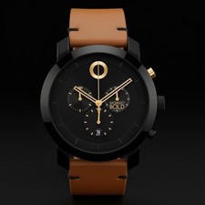 Movado Black & Gold Chronograph Watch with Brown Strap picture
