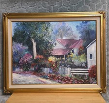 Unique Original Oil Painting  White Picket, Floral Home Landscape  18x24 Signed  picture