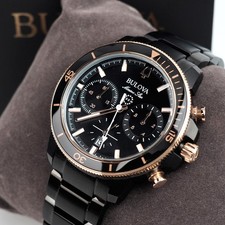 Bulova Marine Star 45mm Black Dial Stainless Steel Men's Quartz Watch 98B302 picture