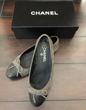 CHANEL Ballet Flats Taupe Nubuck Leather/Black CC Cap Toe S: 39 (US 8.5) OG Box picture