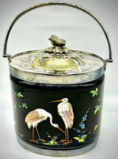 Rare Antique Black glazed Porcelain Crane biscuit jar with Silver Plated Lid picture