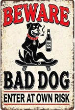Beware Bad Dog Enter At Own Risk Warning Tin Metal Signs Home Décor 8x12 picture