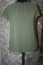 NEW Express Womens Olive Green Sheer Ruffle Neckline Cap Sleeve Blouse SZ XS picture