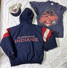 Lot Of Vintage CLEVELAND INDIANS Gear Logo 7 Puffer Jacket XL Hat 93 Shirt XL 95 picture