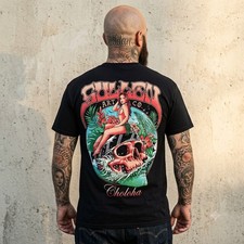 Tropical Hula Girl & Lowrider Tattoo Sullen Art Black T-Shirt Chicano Men, S-5XL picture