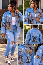 NWT CUSTOM Leopard Denim Jacket for Women W/patches Distressed Crop Jean Jacket picture