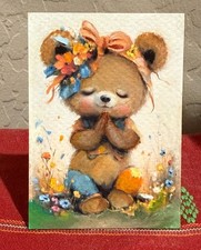 ACEO Little Brown Bear Praying Original Expressionism Oil Painting 3.5x2.5 OOAK picture