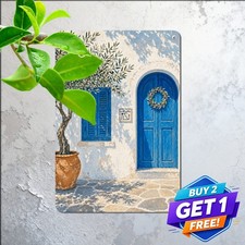 Mediterranean Village Blue Wooden Shutters Potted Plant Plaque Metal Tin picture