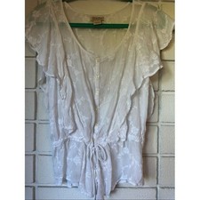 Lucky Brand White Floral Embroidered Tie-Waist Flutter Sleeve Blouse S RN80318 picture