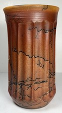 Ron Aubuchon OOAK SIGNED Studio Art Pottery Raku Horse Hair Orange Vase 7.25” picture