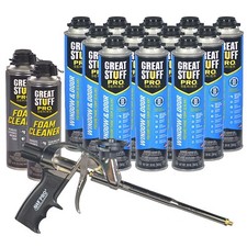 Great Stuff PRO Window And Door Foam (12) cans, Foam Gun, 2 cleaner picture