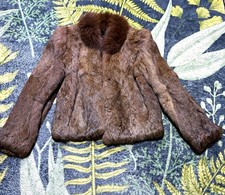 VTG 60s Women's Brown 100% outer rabbit fur Jacket Fur Trim Collar made in korea picture