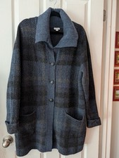 J. Jill Cardigan Sweater Women Large Blue Black Plaid Shawl Collar Wool Blend picture