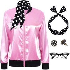 SOMSOC 5 Pieces 1950s Women Pink Satin Jacket with Polka Dot Large, picture