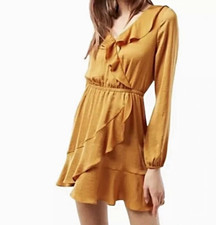 Express Women's Yellow Solid Fit & Flare Mini Dress V-Neck Long Sleeve Ruffle S picture
