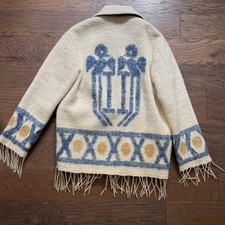 Vintage Thunderbird Navajo Blanket Coat with Fringe Aztec pattern picture