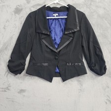 Vintage Studio Y Blazer Womens M Black Pinstripe Satin Trim Ruched Sleeve Office picture