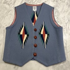 Vintage Ortega’s 100% Wool Vest Women M Hand Woven Chimayo Light Blue Southwest picture