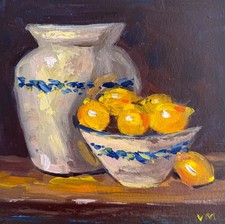 Lemons Original Oil Painting Still Life Vintage Vase Wall Art Decor Signed picture