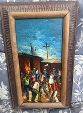 VINTAGE HAITIAN CARRIBEAN OIL PAINTING DANCING INSTRUMENTAL ARTIST SIGNED picture