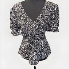 INC International Concepts Black/White Floral V-Neck Smocked Peplum Blouse L picture
