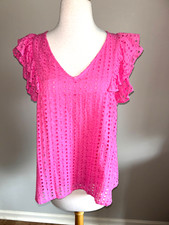 Umgee Hot Pink Cotton Eyelet Top with V Neck and Short Flutter Sleeves picture