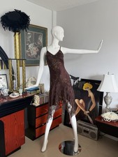Vintage Cache Size 2 Brown Beaded Lace Y2K Handkerchief Hem Evening Dress picture